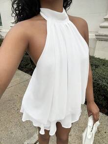 Alexandranx Robe mini élégante à col ras-du-cou jaune clair pour femmes, robes blanches pour femmes pour soirée - Blanc - Voir 3