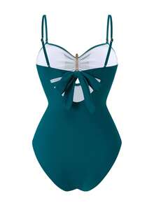 Swim Oasis Đồ bơi liền thân không dây vai dành cho nữ, có dây đeo rời, họa tiết năm sao, hình vịt nước với hoa cắt tỉa, váy dài, màu xanh dương, thích hợp cho kỳ nghỉ biển. - Màu xanh ngọc - Xem 4