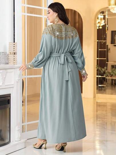 Al Najma Plus Size Women's Elegant Sequin & Pearl Embellished Batwing Sleeve Belted Arabic Style Dress, Spring/Autumn