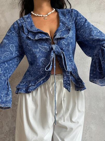 Sunnyshic Plus Size Paisley Print Knotted Ruffle Hem Long Sleeve Denim Jacket