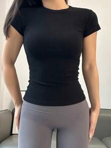 Dazy Tall 高个女款修身圆领短袖休闲套头T恤 夏季 - 黑色 - 查看 3