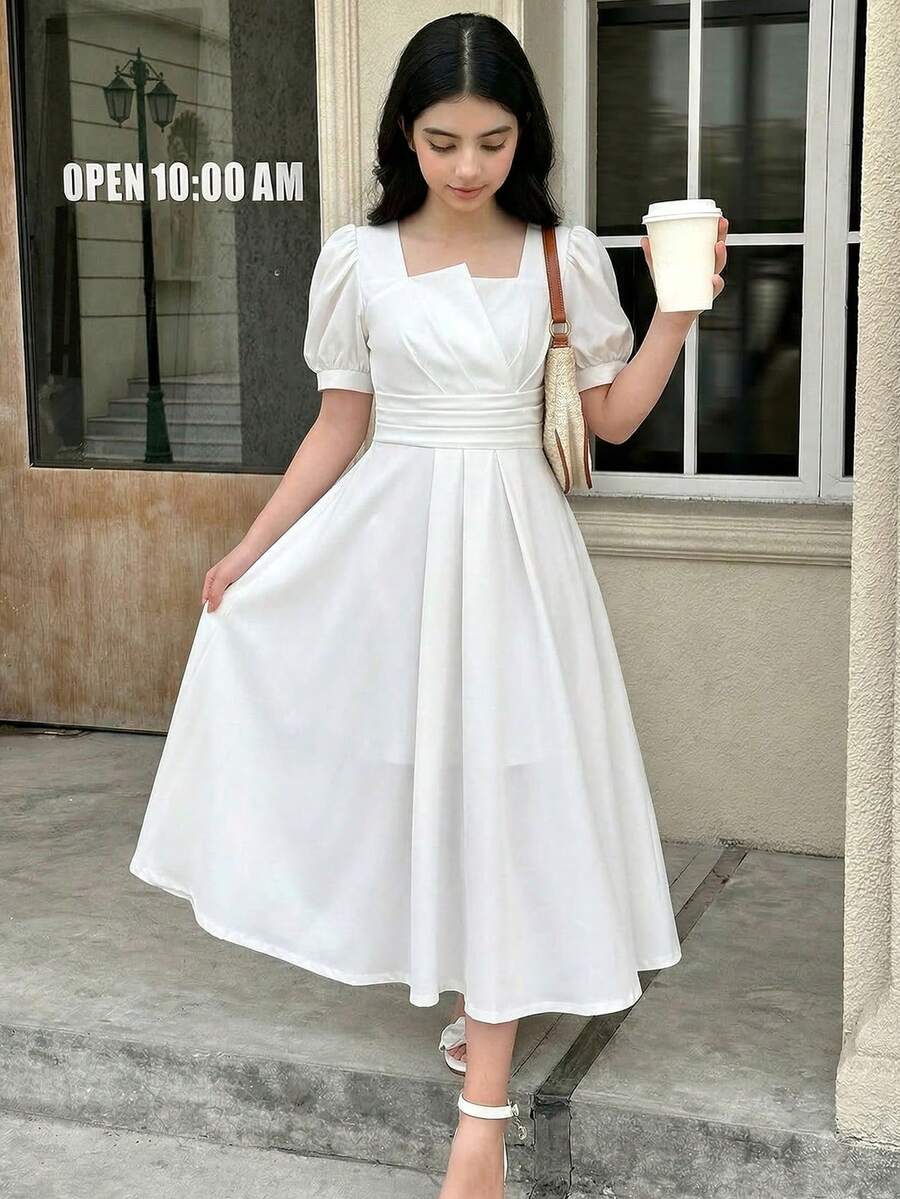 SHEIN Đầm midi dáng chữ A màu trắng xếp ly tay phồng, thắt eo dành cho thiếu nữ, thanh lịch cho các buổi đi chơi và kỳ nghỉ, mùa xuân/hè. - trắng - Xem 1