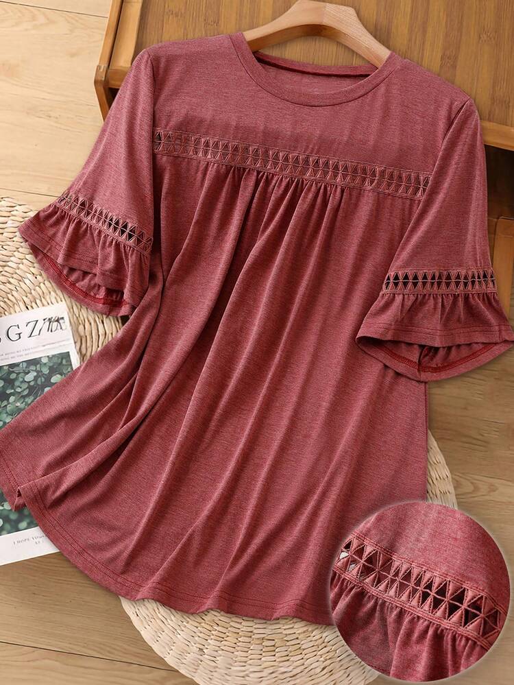 Plus Size Women's Casual Solid Color Lace Patchwork,Summer Dresses For Women,Spring Outfit Women ,Vacation Outfits Women,Red Top Women's Short Sleeve Tops Women's Tops For Summer Boho Tops For Women Women's Tops And Blouses