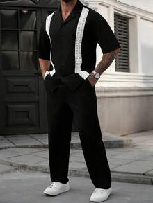 Manfinity CasualCool 男士撞色蕾丝短袖衬衫和裤子休闲套装 - 黑色 - 查看 4