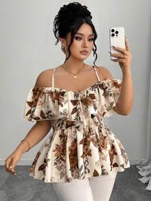 Elenzga Plus Size Elegant Off-Shoulder Ruffle Hem A-Line Blouse, Spring/Summer - Brown - View 4