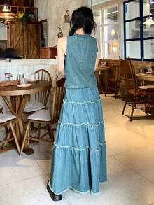Livesso Women's Cotton Ruffle Sleeveless Top And Casual Denim Skirt Set, Summer - Medium Wash - View 2