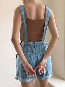 Livesso Women's Multi-Pocket Cuffed Casual Versatile Denim Bib Shorts - Blue - View 2