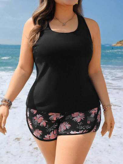 Swim Lushoire Plus Size Women 2 Pieces Swimsuit, Printed Tankini Swimwear For Summer Holiday