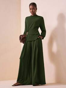 Zivah 2025秋季新音乐节、西式风格、游牧风格、生日派对、毕业季、学院风、学生装、日常出行、百搭基础款、休闲、度假、邮轮旅行、海滩、日光浴、爆款、街头风、万圣节服装、婚礼宾客波西米亚风、通勤、早午餐装、商务休闲女装、机场装、派对、假日出行、优雅宴会长袖上衣，肩部荷叶边设计，金属装饰，腰带，带口袋阔腿裤两件套棕色套装 - 軍綠色 - 查看 4