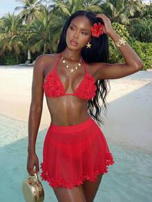 Vaytide 2pcs Women Summer Beach Solid Color 3D Floral Decor Halter Tie Sexy Bikini Swimsuit Set With Cover-Up & Skirt - Red - View 2