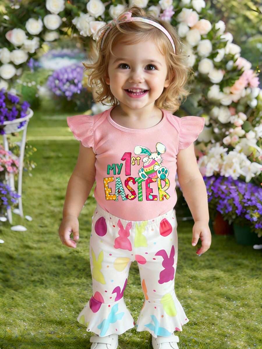 2 Stück süße Baby Mädchen Set mit Häschen & Ei Aufdruck, Rüschenärmel Co-Ords & bunte Häschen Ei Muster Weite Hose, geeignet für Ostern Frühling/Sommer Schmetterlingsfest Baby Mädchen Outfit, süße Sets, Mehrfarbiges Outfit für Mädchen, Baby Mädchen Ostern Outfit, Mein 1. Ostern Outfit, Baby Mädchen Outfit Leggings Set, Große Schwester Outfit, Hosen Anzug für Mädchen, Weiche Sommer Outfits, Baby Mädchen Bekleidung, Outfit des Tages für Baby Mädchen 1 bis 2 Jahre alt - Verschiedenfarbig - Übersicht 1