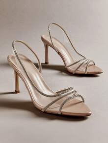 Hauture #EveningLuxe 女士裸色透明水钻细带高跟鞋 – 优雅婚礼及派对凉鞋 - 米色 - 查看 6