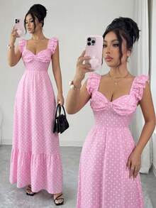 Elenzga Elegant Romantic Delicate Women's Dress, Spaghetti Strap Ruffle Waist A-Line Polka Dot Dress - Multicolor - View 4