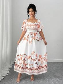 Elenzga Plus Size Elegant Square Neck Leaf Floral Print Back Ruched Waist Short Sleeve Ruffle Hem Maxi Dress Short Sleeve Digital Print Waist Cinched Midi Dress - Multicolor - View 6