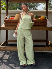 Muchica 女士绿色编织露背吊带上衣和裤子休闲套装 - 綠色 - 查看 6