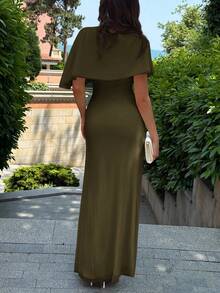 Aloruh Elegant Minimalist Commuting Fashion Elastic Waist Design Multilayer Ruffle Decor Waist Ruffle Slimming Long Dress, Suitable For Formal Occasions, Dates, Vacations - Army Green - View 2