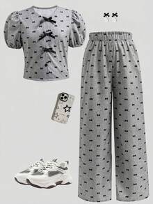 Bộ trang phục thường ngày cho bé gái tuổi teen: áo tay cánh bướm và quần ống rộng. - Xám - Xem 4