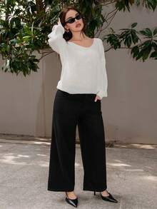 Bris Aura Solid Drop Shoulder Ribbed Knit Sweater,Long Sleeve Tops,Off The Shoulder Sweater In Fall/Winter White Casual - White - View 6