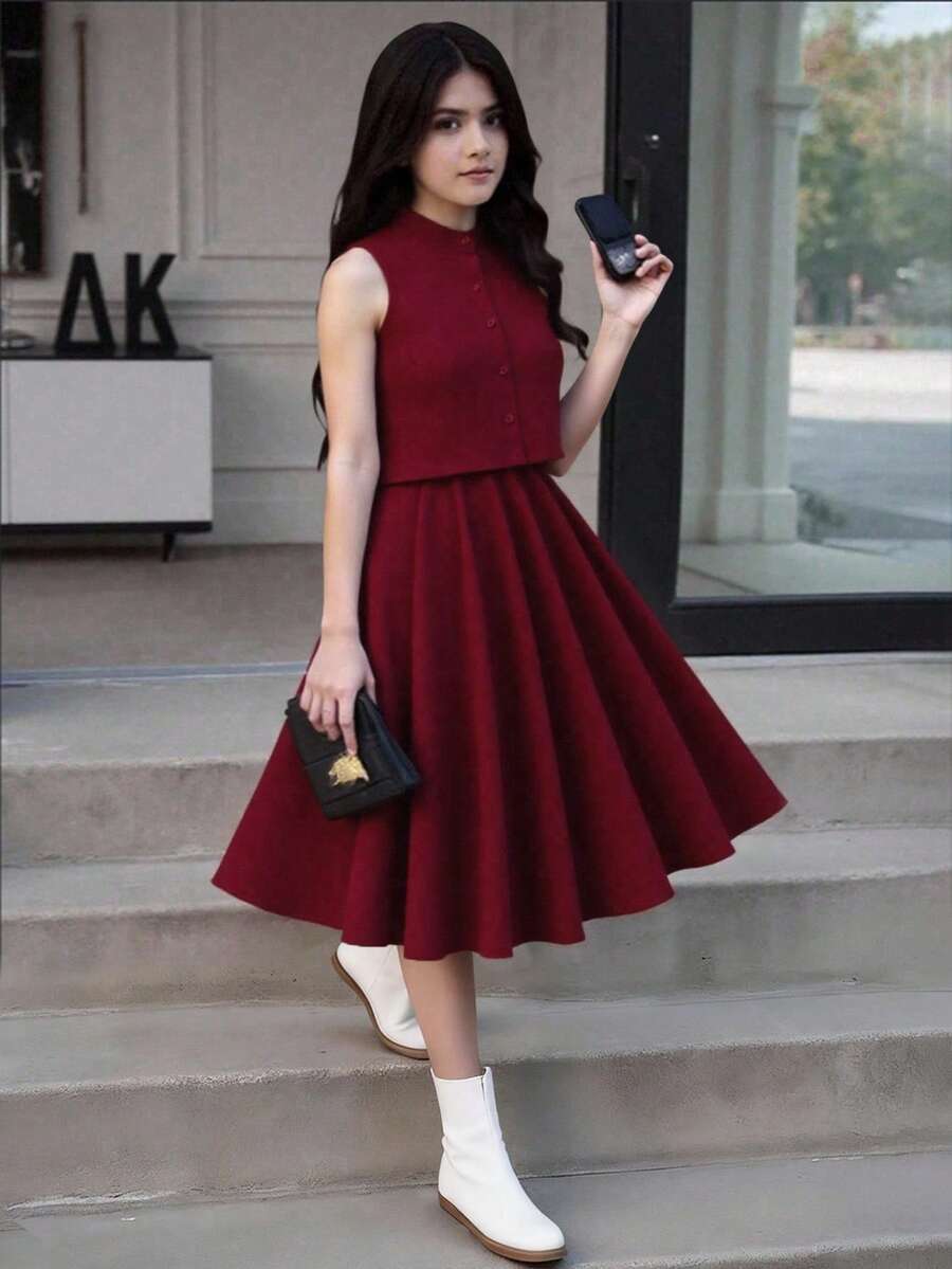 Tween Girl Solid Color Single-Breasted Vest And Mini Skirt Casual Set
