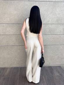 Hitanina 女士优雅通勤撞色边背心和裤子套装 F、所有女士服装、返校装、女士教师服装、优雅婚礼宾客礼服、女士商务休闲装、优雅婚礼宾客礼服、复古风格女士、女士纽扣衬衫、秋冬 - 杏色 - 查看 2