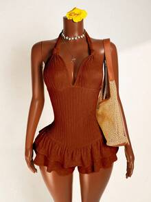 Mistrie Bộ jumpsuit ôm sát cơ thể màu trơn dành cho nữ, kiểu cổ yếm buộc dây, viền bèo nhún. - màu nâu - Xem 5