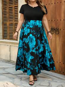 SHEIN CURVE+ Curve 尺码 US22 音乐节、海滨度假、波西米亚风夏季针织弹力修身印花 A 字连衣裙 波西米亚度假 - 黑色 - 查看 10