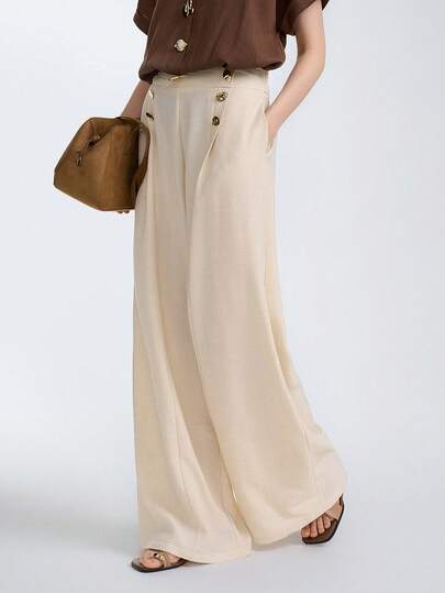 Aalyst Women's Casual Elegant Linen-Look Metallic Buckle Decor Slim Fit Ankle Length Pants With Pockets, Suitable For Summer Outings, Dates, New Year, Valentine's Day, Easter, Mother's Day, Music Festivals, Middle Eastern Weddings, Commuting, Romantic Vacations, Apricot Color