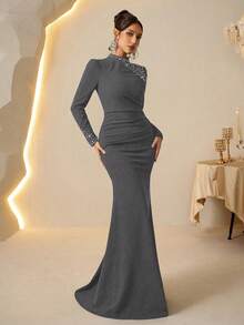 Coutiva Elegant Rhinestone Embellished Fish Tail Hem High-End Formal Gown, Luxury Elegant Socialite Dress - Grey - View 4