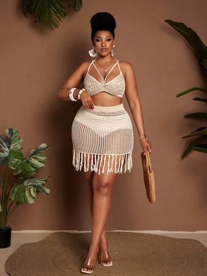 Maweii Women's Casual Elegant Romantic Vacation Beach Crossover Halter Sleeveless Backless Floral Hollow Apricot Crop Top And Elastic Waist Fringed Hem Fitted Short Skirt Plus Size Knit Suit