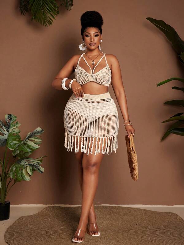 Maweii Women's Casual Elegant Romantic Vacation Beach Crossover Halter Sleeveless Backless Floral Hollow Apricot Crop Top And Elastic Waist Fringed Hem Fitted Short Skirt Plus Size Knit Suit