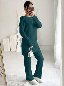 Cottnline 100%Cotton Women's Solid Color Striped Round Neck Top And Pants Two Piece Set - Mint Green - View 6
