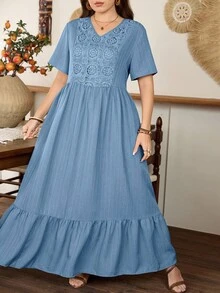 Lacomfia 女士大码纯色A字休闲短袖连衣裙 - 藍色 - 查看 7