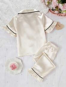 2件套女童纯色荷叶边短袖上衣和裤子家居服套装，春夏款 - 香檳色 - 查看 2