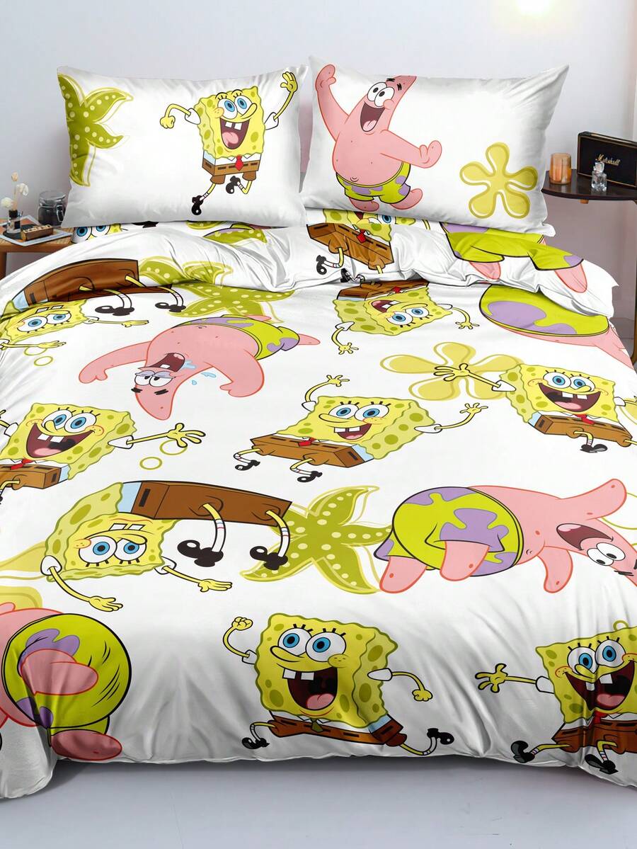 SpongeBob SquarePants | SHEIN 三件套海洋动物卡通印花被套，磨毛材质，柔软保暖，蓝色被套，双面图案，多种尺寸可选，适用于单人床/双人床/特大床，送礼佳品 - 淡黃色 - 查看 1