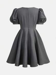 SHEIN Tween Girls' Gray Dress With Cute Bow & Puff Sleeves, Waist Cinched, Collegiate Style, Versatile Casual Dress - Grey - View 2