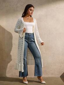 Juhart 白色镂空针织喇叭袖长款开衫，温柔触感 - 白色 - 查看 6