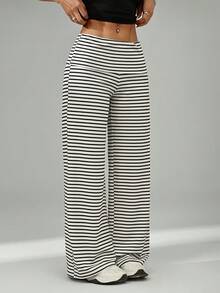 SHEIN PETITE Apricot Striped Knit Women's Trousers - Black and White - View 5