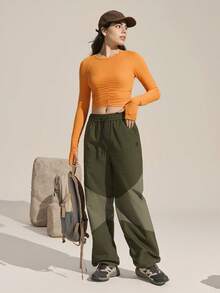 Exploreva Exploreva Women's Solid Color Round Neck Long Sleeve Pleated Slim Fit Outdoor T-Shirt,Orange Summer Athletic Sports Workout Activewear Tight Fitted Crop Top - Orange - View 6