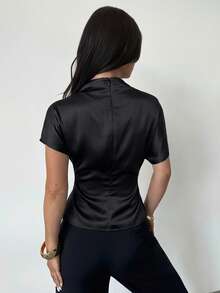 Firerie Bluză elegantă cu rever, casual, pentru femei, cămașă din satin, ținută elegantă pentru femei - Negru - Vizualizare 2