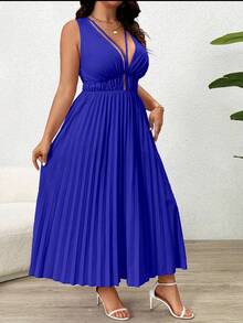 SHEIN Clasi Đầm maxi dài không tay, màu trơn, buộc dây sau, xếp ly, khoét lỗ dành cho nữ, cỡ lớn. - Xanh đậm - Xem 6