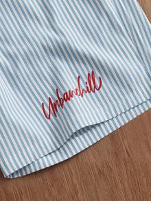 SWAVVY Men's Letter Print Striped Drawstring Waist Casual Shorts, Summer - Blue - View 4