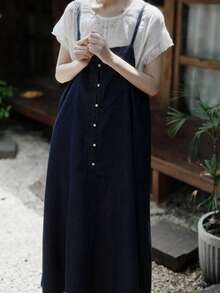 FRIFUL Women's Solid Color Button Decor Casual Denim Cami Dress - Dark Wash - View 4