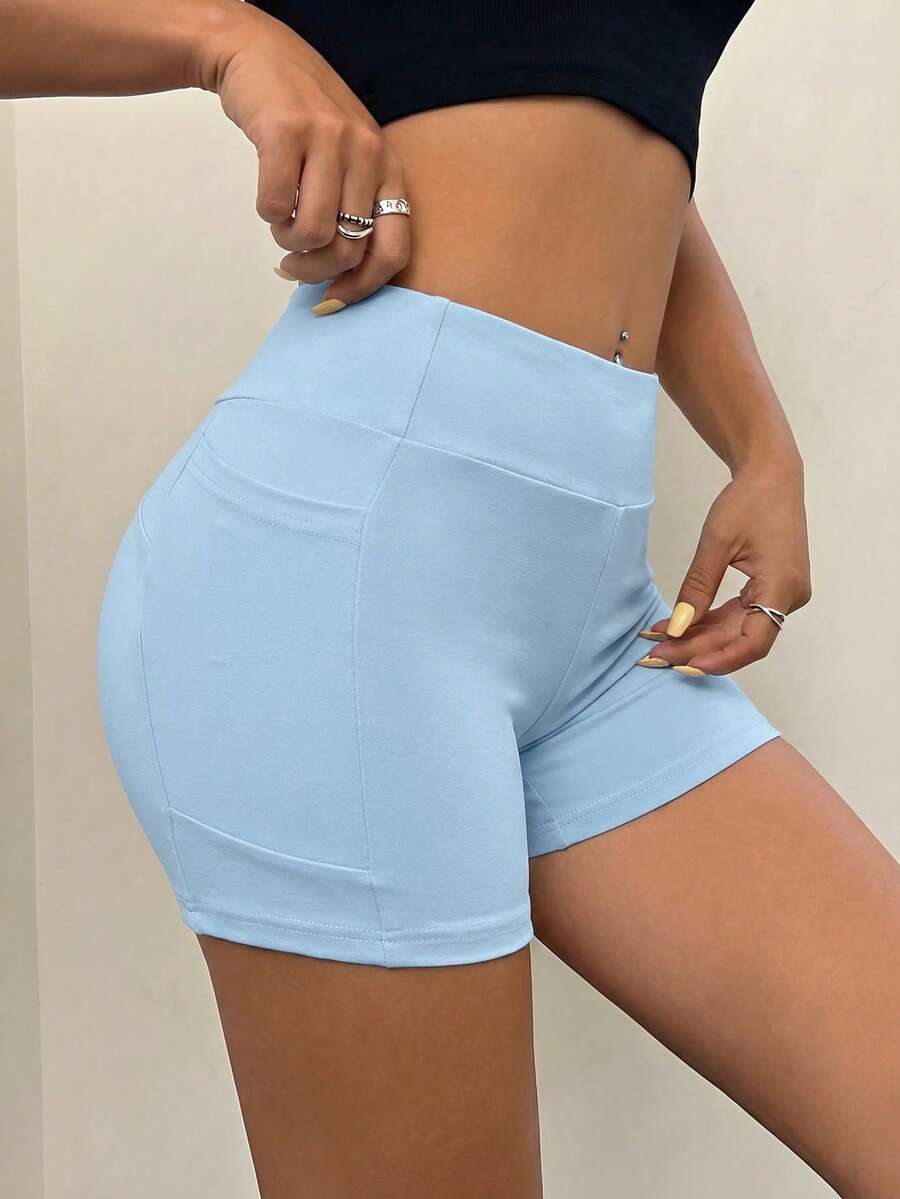 SHEIN EZwear Leggings cortos opacos de unicolor y versátiles - Azul - Ver 1