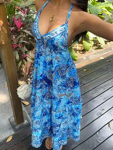 Sunnyshic 波西米亚度假系列时尚露背性感沙滩经典蓝色花卉印花夏季百搭新款女装 - 藍色 - 查看 3