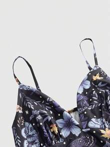 ROMWE Fairycore 大码夏季休闲碎花连衣裙 - 黑色 - 查看 3