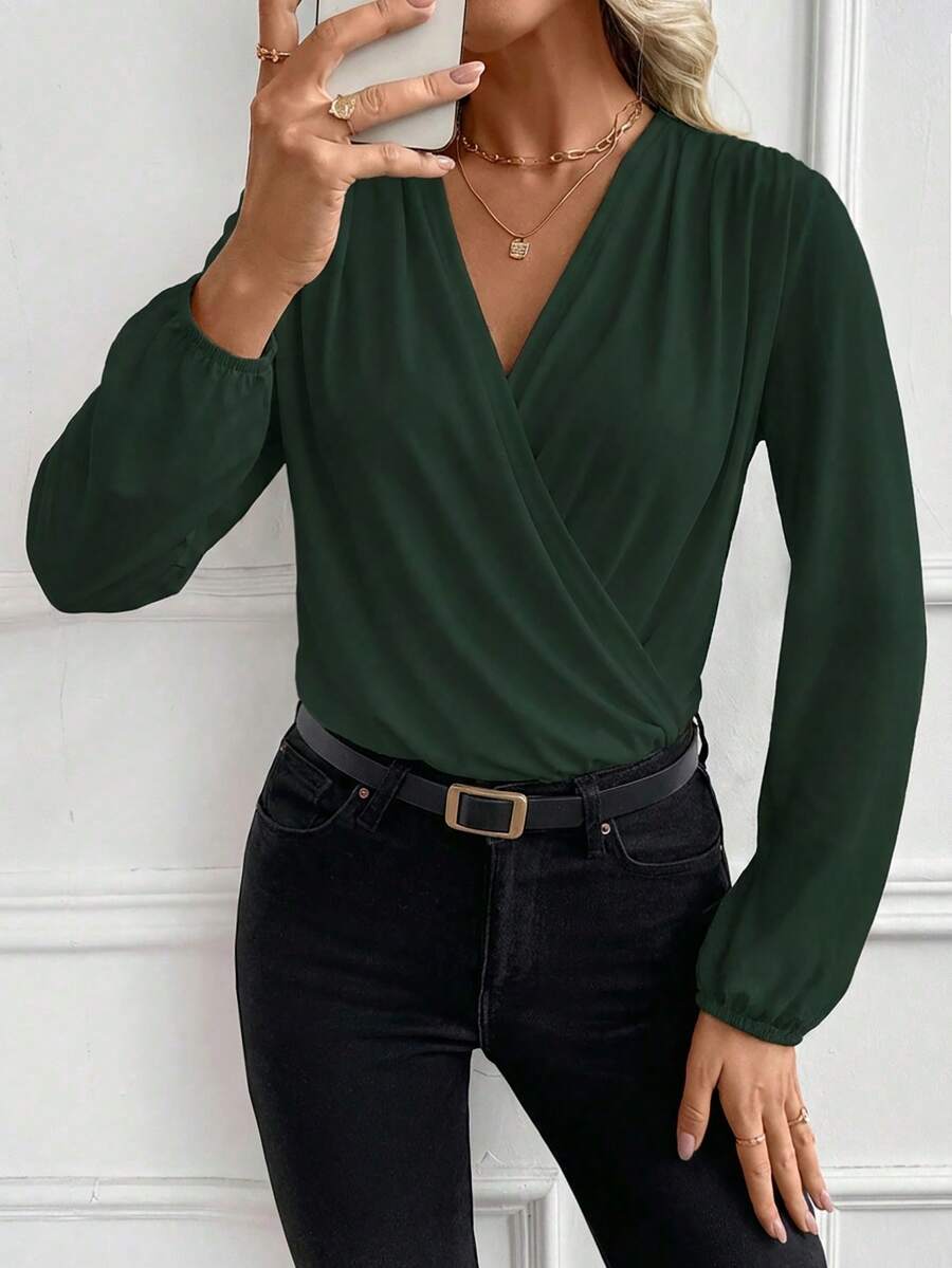 Blusa unicolor de cuello profundo de manga farol - Verde Oscuro - Ver 1