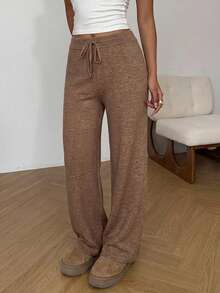 SHEIN Cottnline Drawstring Waist Straight Leg Sweater Pants - Apricot - View 5