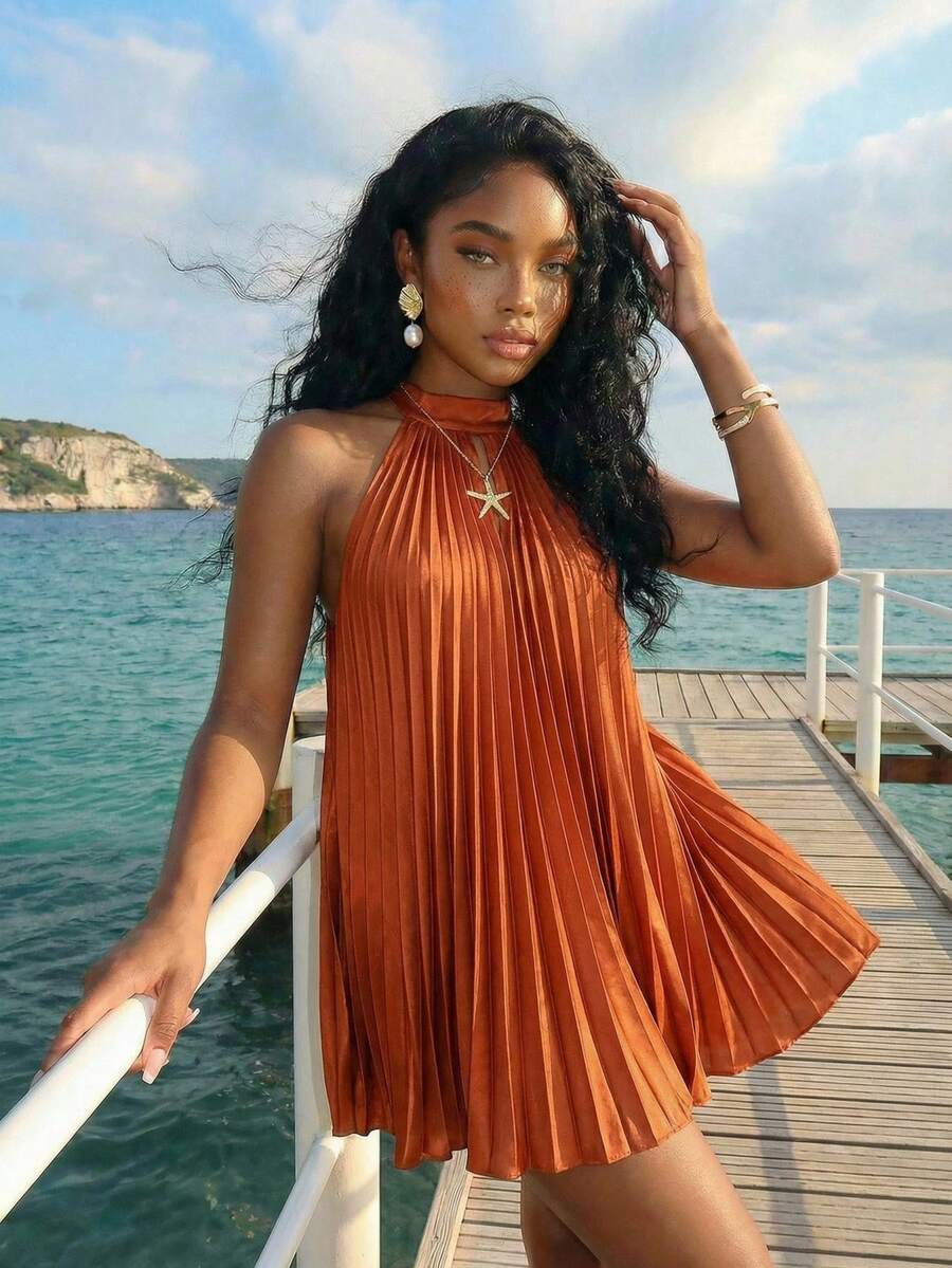 Slaydiva 早春新款，春夏音乐节，情人节，复活节，波西米亚风，游牧风，休闲，简约基础款，邮轮派对，生日派对，日常约会，休闲度假，优雅通勤，吊带，前片，镂空露背大褶裙，褶裙，迷你裙，橙色连衣裙，亮面面料，女士迷你连衣裙 -A