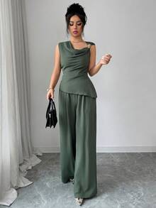 Elenzga 女士不对称金属扣吊带背心和高腰修身休闲裤两件套，优雅休闲度假春夏装扮 - 綠色 - 查看 4