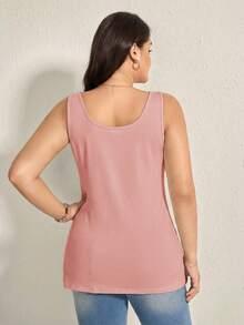 Comfylo Plus Size Women Solid Color Round Neck Casual Basic Knit Tank Top - Dusty Pink - View 2